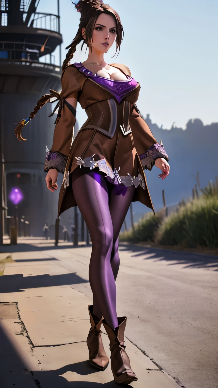 (Lulu), (Final Fantasy X), pale skin, (huge breasts:1.3), (brown silky pantyhose:1.4), (purple outfit:1.2), long straight black hair tied in a braided bun, walking towards the viewer, backdrop of a pirate ship, cinematic lighting, (emphasis on her legs and feet:1.3), (black low wedge heel booties:1.1), (small hips:1.1), small butt, (thin:1.1), skinny girl, fit, short, athletic, toned athletic legs, masterpiece, studio lighting, 8k, HDR, amazing details, hyper-realistic, photorealistic, beautiful face, cute, highly attractive, (show entire body), sexy ankles,