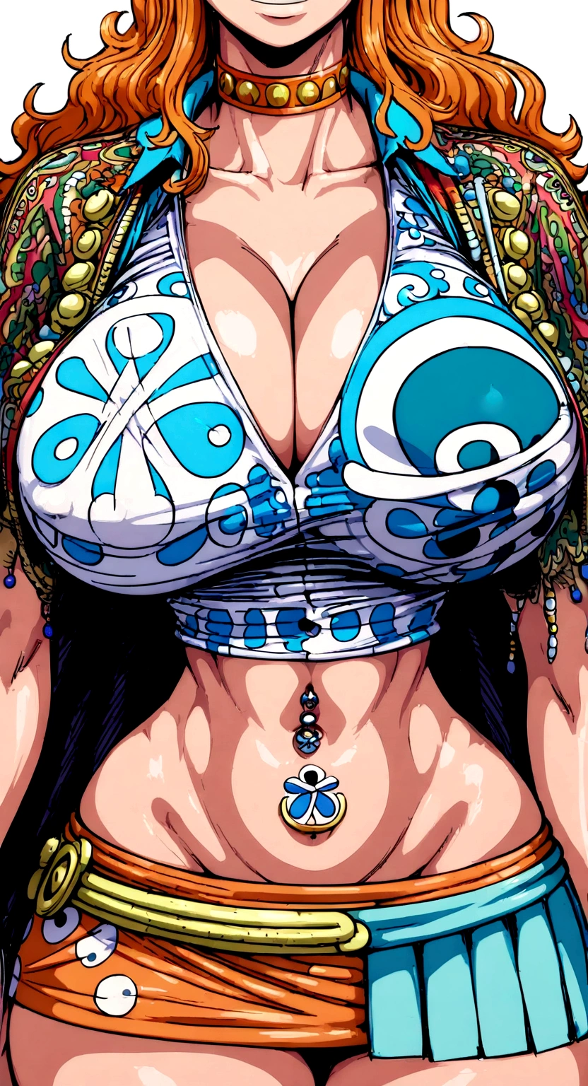 big lips, Nami's fur (One Piece), pink eyes, japanese face, improve, improve grin, two sides up, huge breasts, Wide hips, sexy, detailed, pink room, Hits, (evil smile1.4), kawaii, nami skirt (One Piece), One Piece, GOOD, nami costume (One Piece), nami skirt (One Piece), nami shirt (One Piece), choker, nami skirt (One Piece), nami shirt (One Piece),navel piercing, cosplay de nami (One Piece)