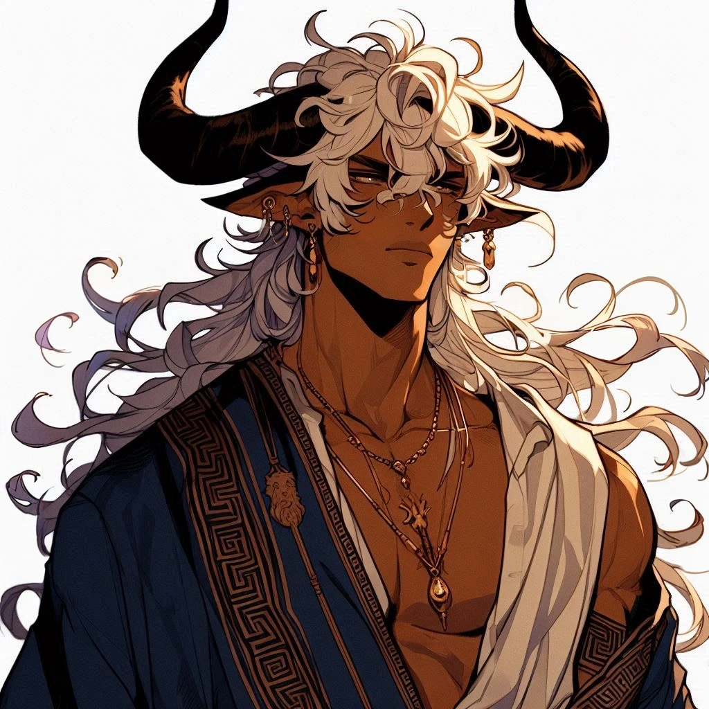 lineless manga style, anime, semi realistic, Baroque Anime Art Style, Male, tan caramel skinned, eyes covered by hair, Bull horns and tail, white fluffy hair that covers eyes, loose flowing Greek clothing, dark rich blue farmer civilian Greek clothing with ancient engravings on it, golden jewelry, slightly muscular, broad and slightly flared nose, Deep-set Eyes, Prominent Brow Ridge, well-defined and square chin, prominent square jawline, nipple piercings, bull nose ring, septum nose piercing, jewelry on bulls tail, fatherly vibe, eyes covered by fluffy hair, no eyes, nipple rings, bull nose ring, bull nose piercing, nipple piercing, full body, high quality, high resolution,