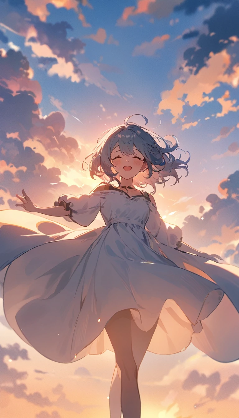 masterpiece, Highest quality, Movie stills, 1 Girl, Cloud Girl, Floating in the sky, close, bright, Happy, Warm and soft lighting, sunset, (spark:0.7)