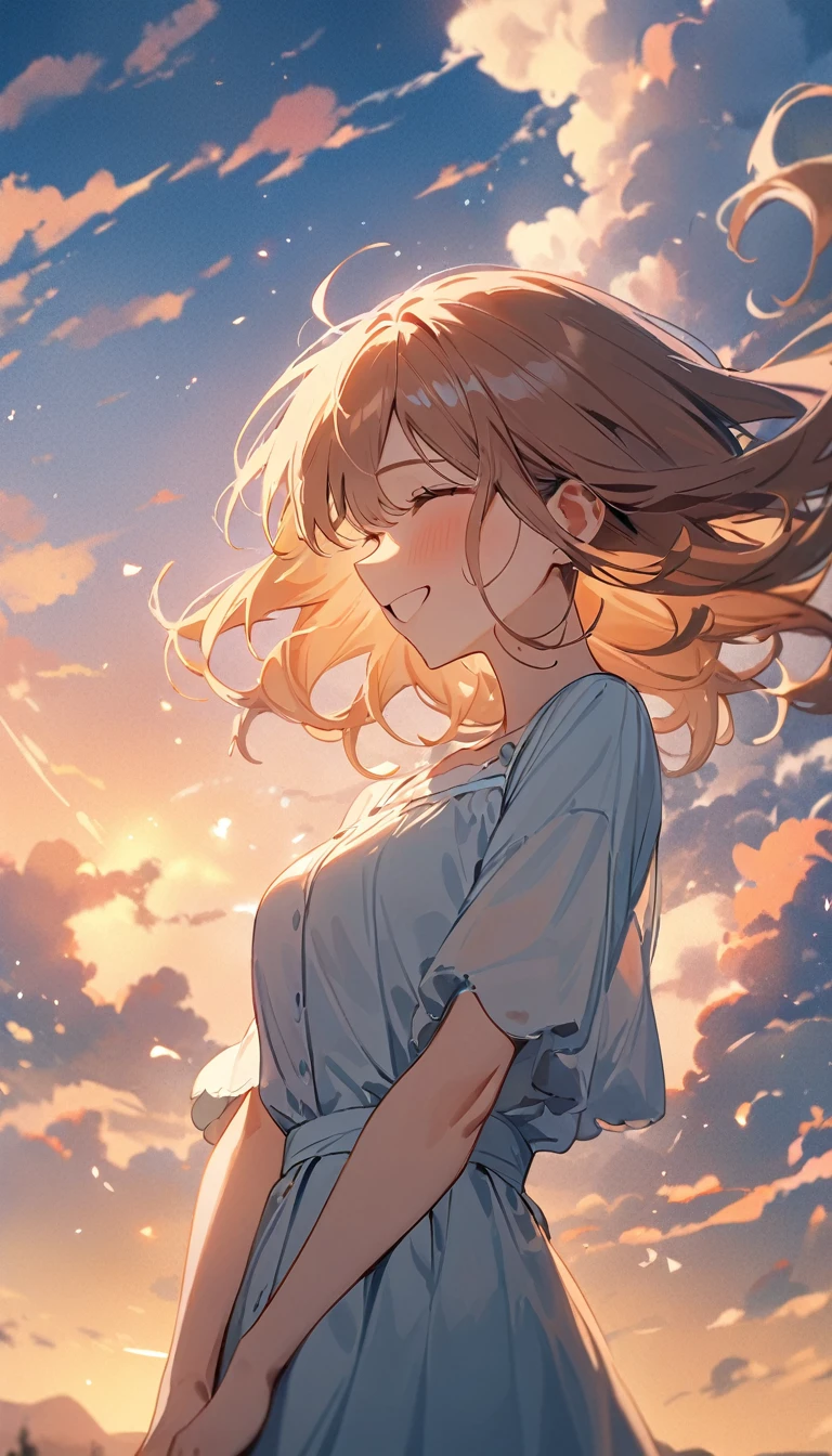 masterpiece, Highest quality, Movie stills, 1 Girl, Cloud Girl, Floating in the sky, close, bright, Happy, Warm and soft lighting, sunset, (spark:0.7)