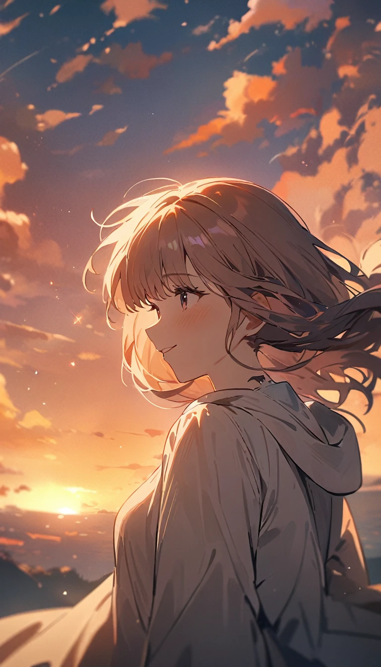 masterpiece, Highest quality, Movie stills, 1 Girl, Cloud Girl, Floating in the sky, close, bright, Happy, Warm and soft lighting, sunset, (spark:0.7)