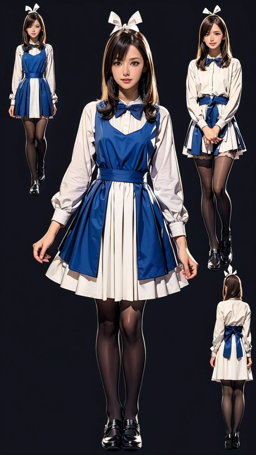 ((masterpiece)),(((Highest quality))),((Character design sheet)),Thin thighs,Long legs,((Alice in Wonderland, wearing a large ribbon on your head,, wear black tights,loafers))、20 year old Japanese woman, (Very slim:1.4)、Low - Angle,Walking:1.5,