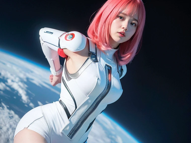 (RAW Photos, Highest quality), (Realistic, Photorealistic:1.3), 1 Girl、Realisticbody、Pleiades Space Warrior、White and red combat skirt、Spaceship from outer space、Fighting the reptilian aliens、Shield and ray gun、Serious expression