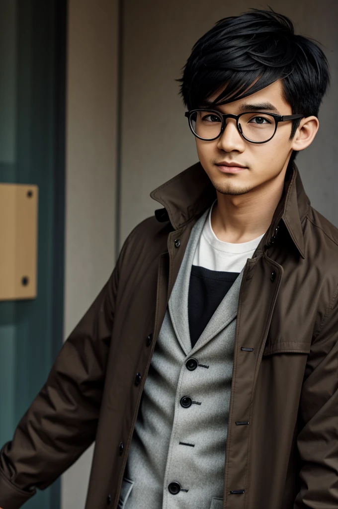 anime, Chibi, Complete plan, profile picture for Twitch, boy with glasses, with black hair, wearing a dark brown trench coat