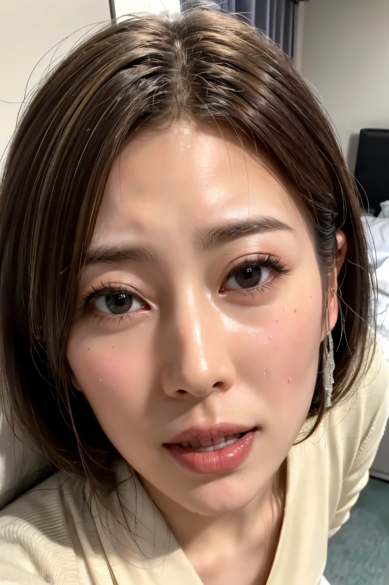 (Realistic:1.3、Ultra HD、Ultra-high resolution、8K、Female Japanese Housewife、寝室でBlowjobチオをするMature Woman:1.5、At the bed)、((Look Viewer:1.8))、(Extremely realistic skin texture:1.4)、(Realistic:1.3)、short hair、((Embarrassed expression:1.5))、(blonde:1.5)、48-year-old woman、Mature Woman、Ponytail Hairstyles、(Brown eyes:1.3)、(Face close-up:1.38)、(Sweaty:1.2)、(Nipplesを見せる)、((衣服から突き出たNipples,))、dress、美しいNipples、Nipples、(Shooting from the side:1.1)、Drooling、((Blowjobチオ:1.6、Blowjob、Cum in mouth、Bukkake))