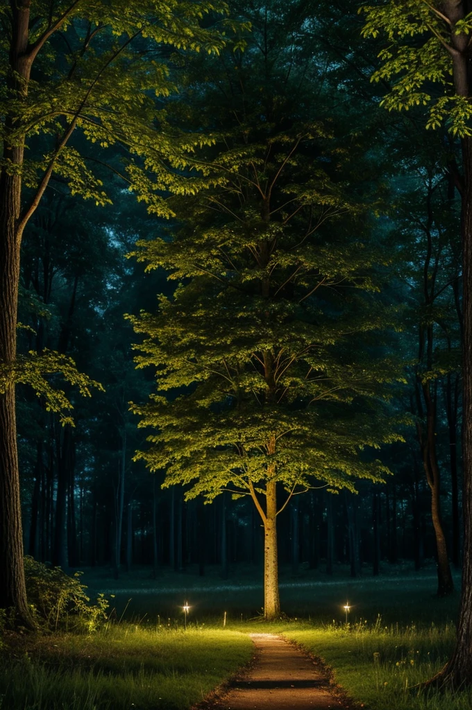 dark forest and big old tree in the future, fireflies, torch, light on the tree, old, big tree, path, fairy