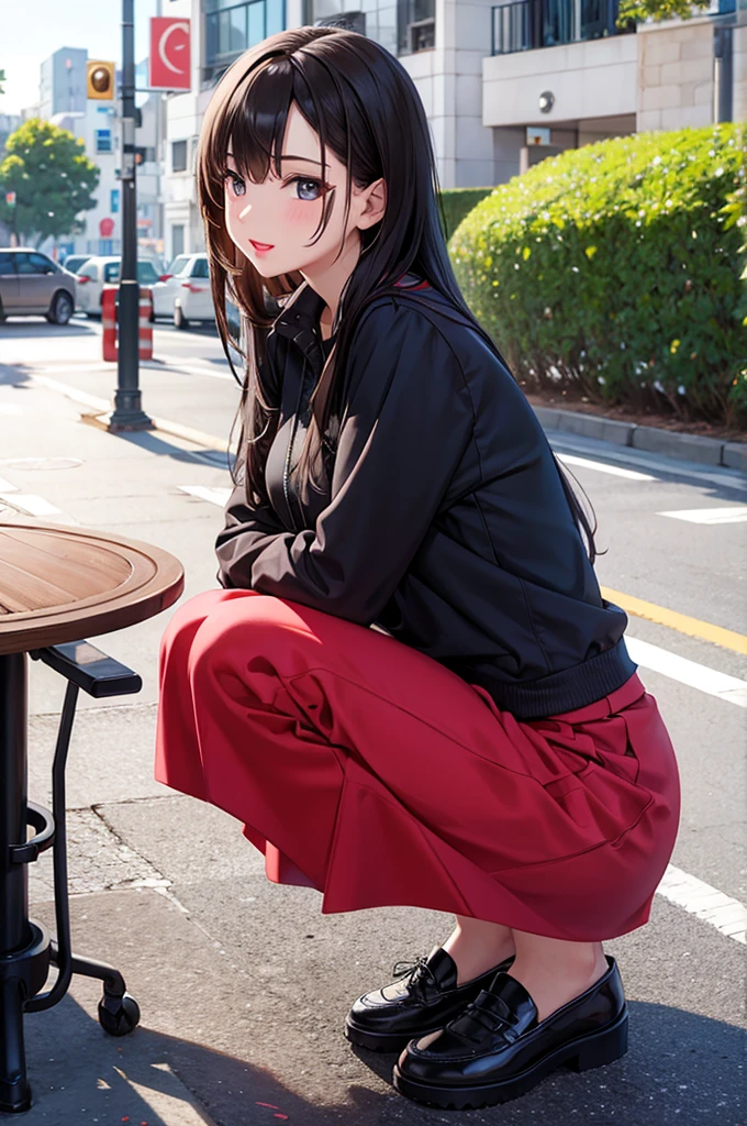 Squat、Long skirt, Bright lips