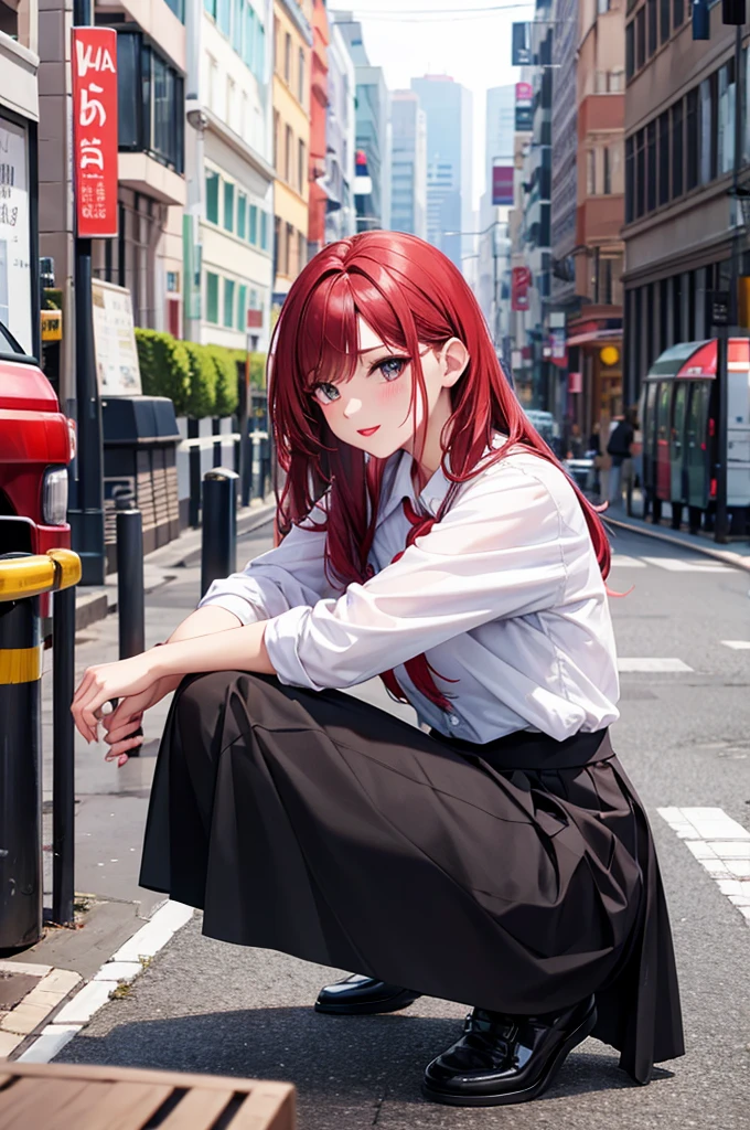 Squat、Long skirt, Bright lips