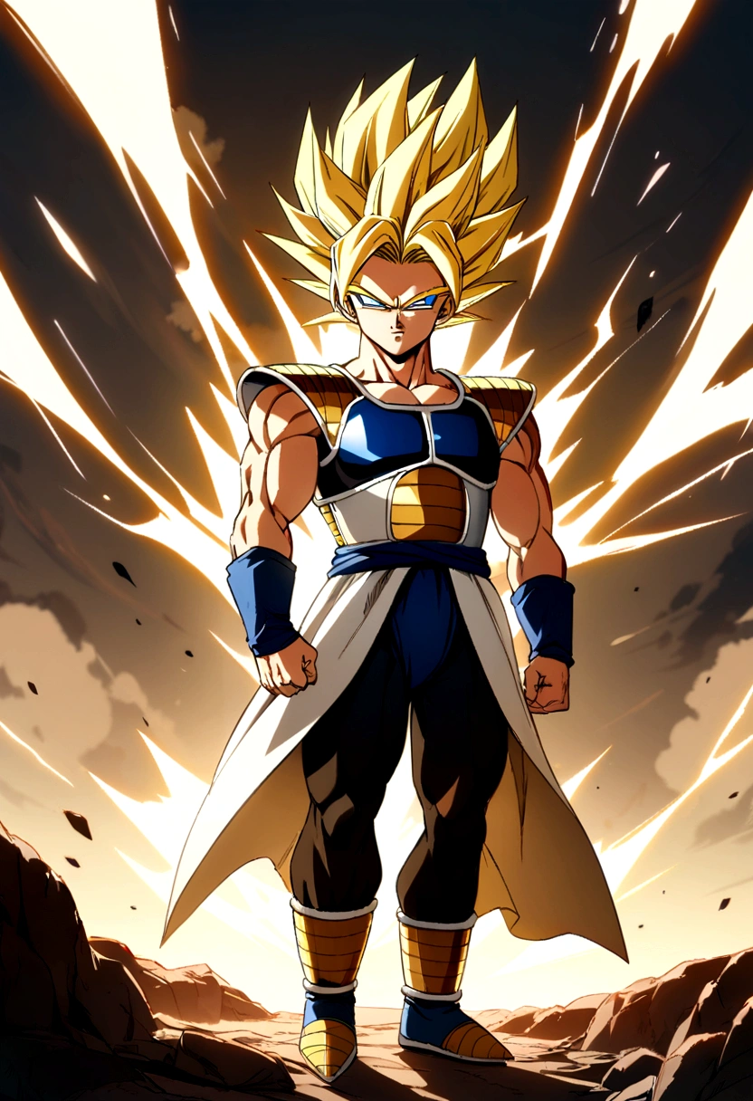 Super Saiyan, Male, yellow hair, blue eyes, saiyan armor, full body image