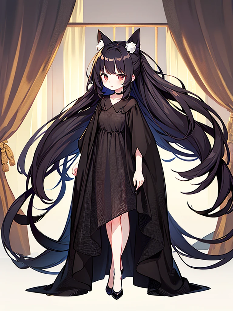 Full-body portrait、Are standing、Adult women、Black Hair、Untidy hair、Messy hair、Thick Hair、Very long hair、Long Hair、A thin, short, revealing black curtain dress、Too much exposure