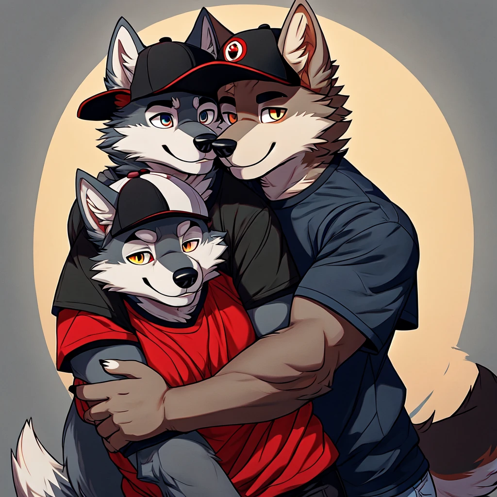 2 persons, Canine, wolf, wolf male, Dark gray fur, wearing a shirt, Wearing a cap, hugging another a male wolf with black fur, furry art
