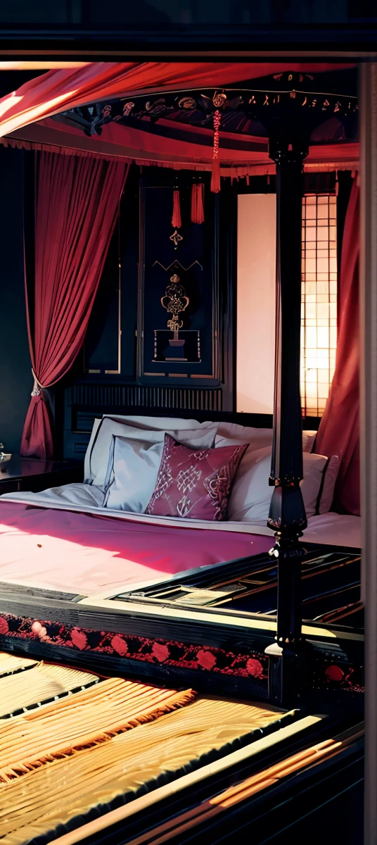 Best quality, masterpiece, ultra high res, raw photo, beautiful and aesthetic,deep shadow, dark theme,(ultra detailed:1.3), divine, royal bedroom, indoors, luxurious palace, canopy bed, full of curtains, pillows, jewelry, candlelight, queen bedrooms, pink room, Japanese style bedroom