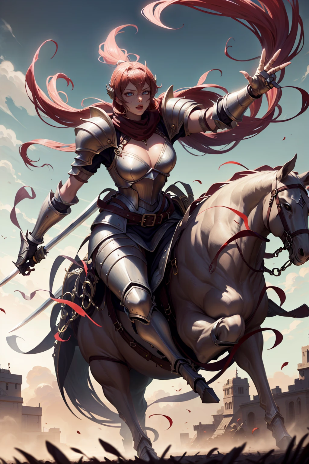 sexy swordsman knight woman riding on a horse on the battlefield