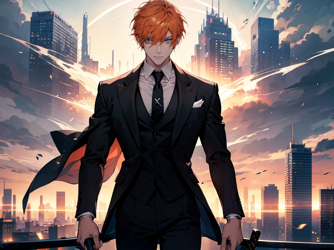 
1 man, student, wearing white shirt, top white , bottom black long pants, orange hair, short hair, blue eyes, black tie, holding a katana, short hair, face to detail, detailed eyes, the background is destroyed city, pefect hands, full-body illustration Lightning, Magic, Magic Array, Exaggerated Light, Shine, Magic, Floating, Dusk, over powered, eye catching.
