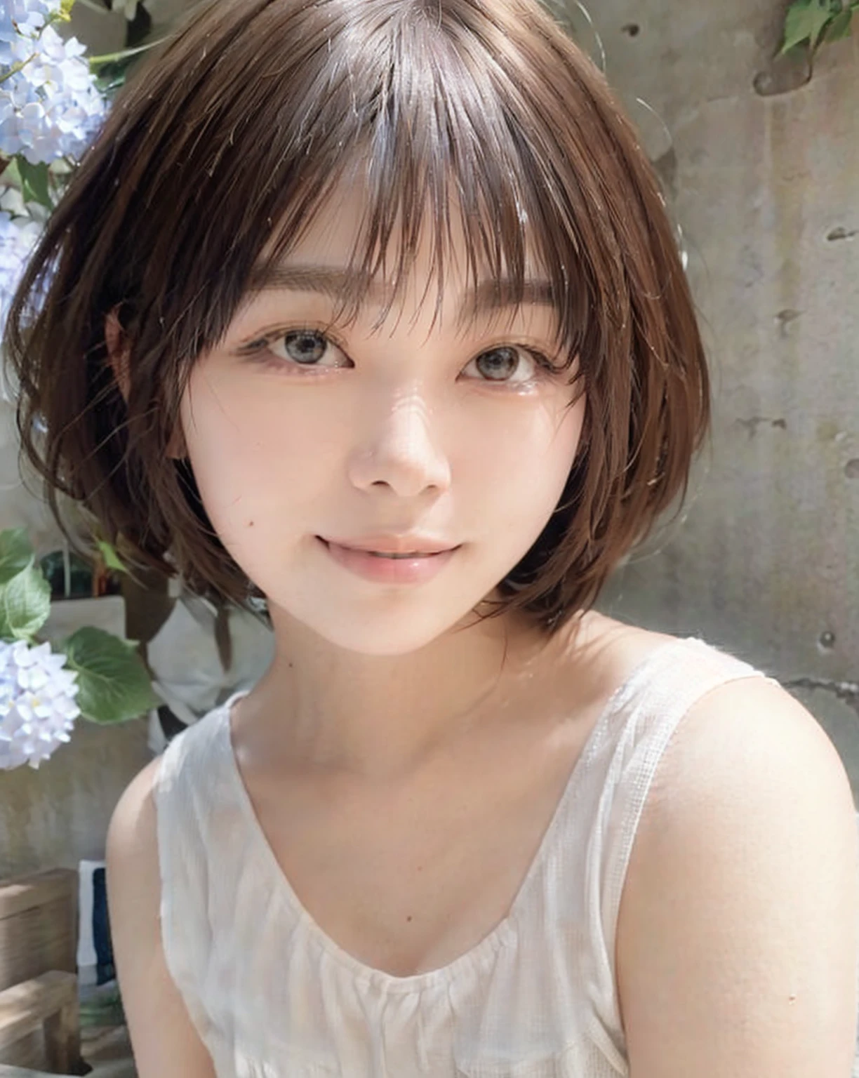 (Very realistic photos, concentrate、High resolution, Detailed face, Fine Eyes), (Shooting in the park))、Japanese women, 20-year-old, various expressions, Upper Body、Mr.々Hair style,Only one person is in the photo、Photographed in natural light、Bob Hair、Shortcuts、Looking into the camera、A happy smile、Natural clothing、tilting the head、Sleeveless Boo、Hydrangea background、high resolution