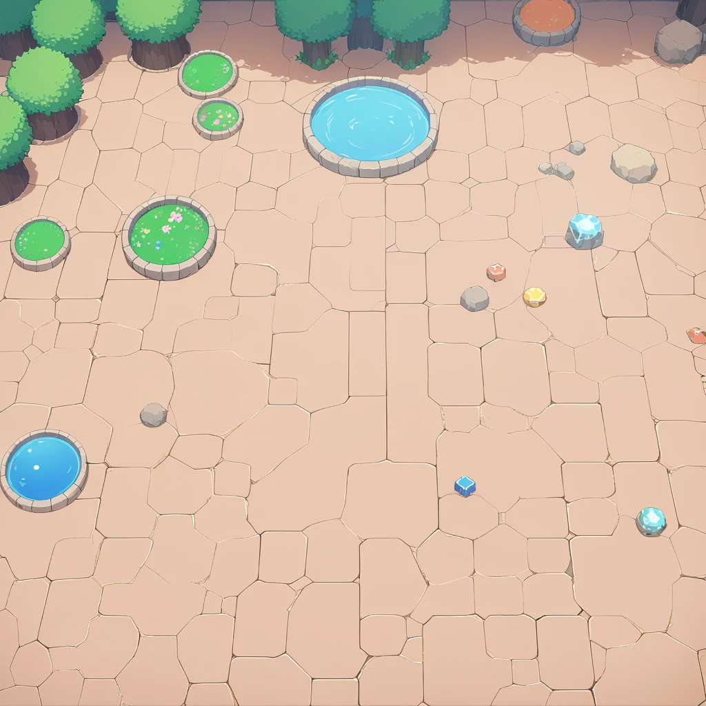retro video game style,pixelated pastel colors,8-bit characters,blocky shapes,sharp lines,detailed shading,classic gaming vibe,nostalgic atmosphere,classic arcade games,masterpiece:1.2,ultra-detailed,illustration style, 2d texture, stone texture, 4 k seamless mud texture, video game texture, dirt texture, tileset, game tiles, grass, trees, rock texture, forest, topdown view, game texture, game art, dirt, , tileable texture, flowers, top down view, 3/4th perspective