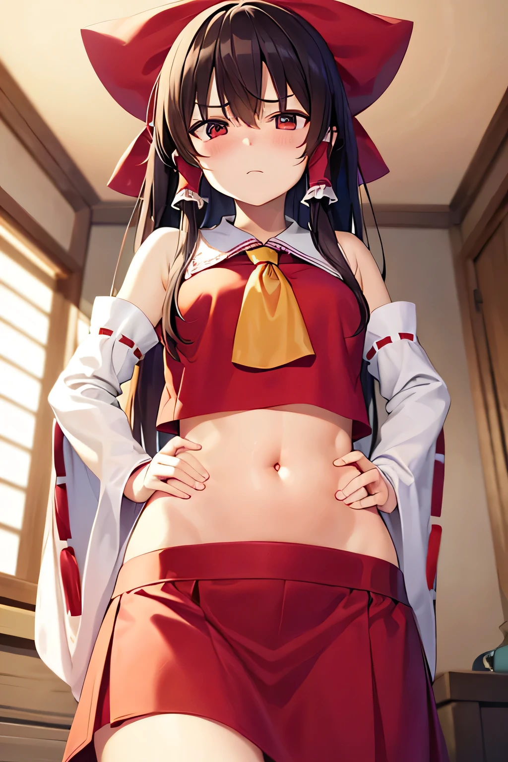 super fine illustration, vibrant colors, masterpiece, sharp focus, best quality, depth of field, cinematic lighting, ultra detailed, blush, annoyed, belly button, navel, hips, 1girl, looking down, shrine maiden, hakurei reimu, 1girl, ascot, hair tubes, detached sleeves, looking down, red shirt, red skirt, long skirt, long hair, dark brown hair, indoors, mature woman,