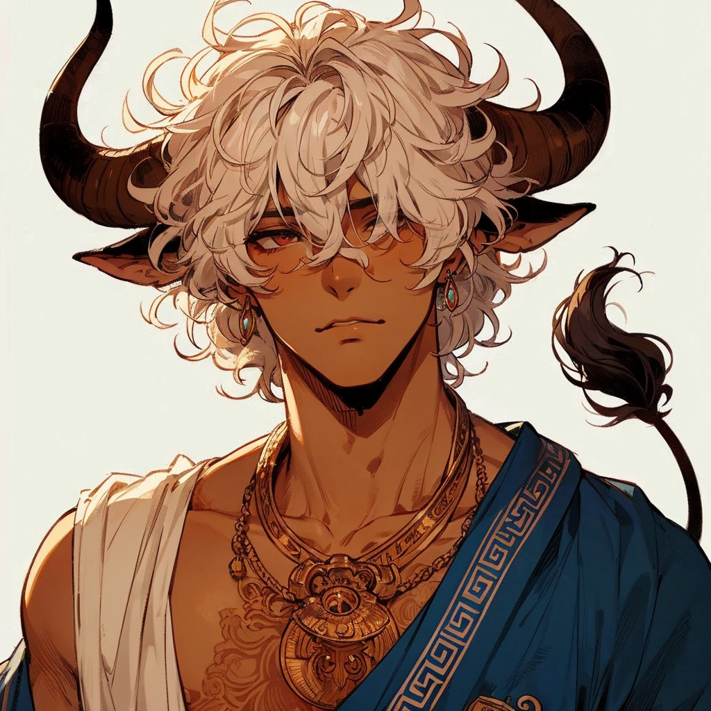 lineless manga style, anime, semi realistic, Baroque Anime Art Style, Male, tan caramel skinned, eyes covered by hair, Bull horns and tail, white fluffy hair that covers eyes, loose flowing Greek clothing, dark rich blue farmer civilian Greek clothing with ancient engravings on it, golden jewelry, slightly muscular, broad and slightly flared nose, Deep-set Eyes, Prominent Brow Ridge, well-defined and square chin, prominent square jawline, nipple piercings, bull nose ring, septum nose piercing, jewelry on bulls tail, fatherly vibe, eyes covered by fluffy hair, no eyes, nipple rings, bull nose ring, bull nose piercing, nipple piercing, full body, high quality, high resolution,