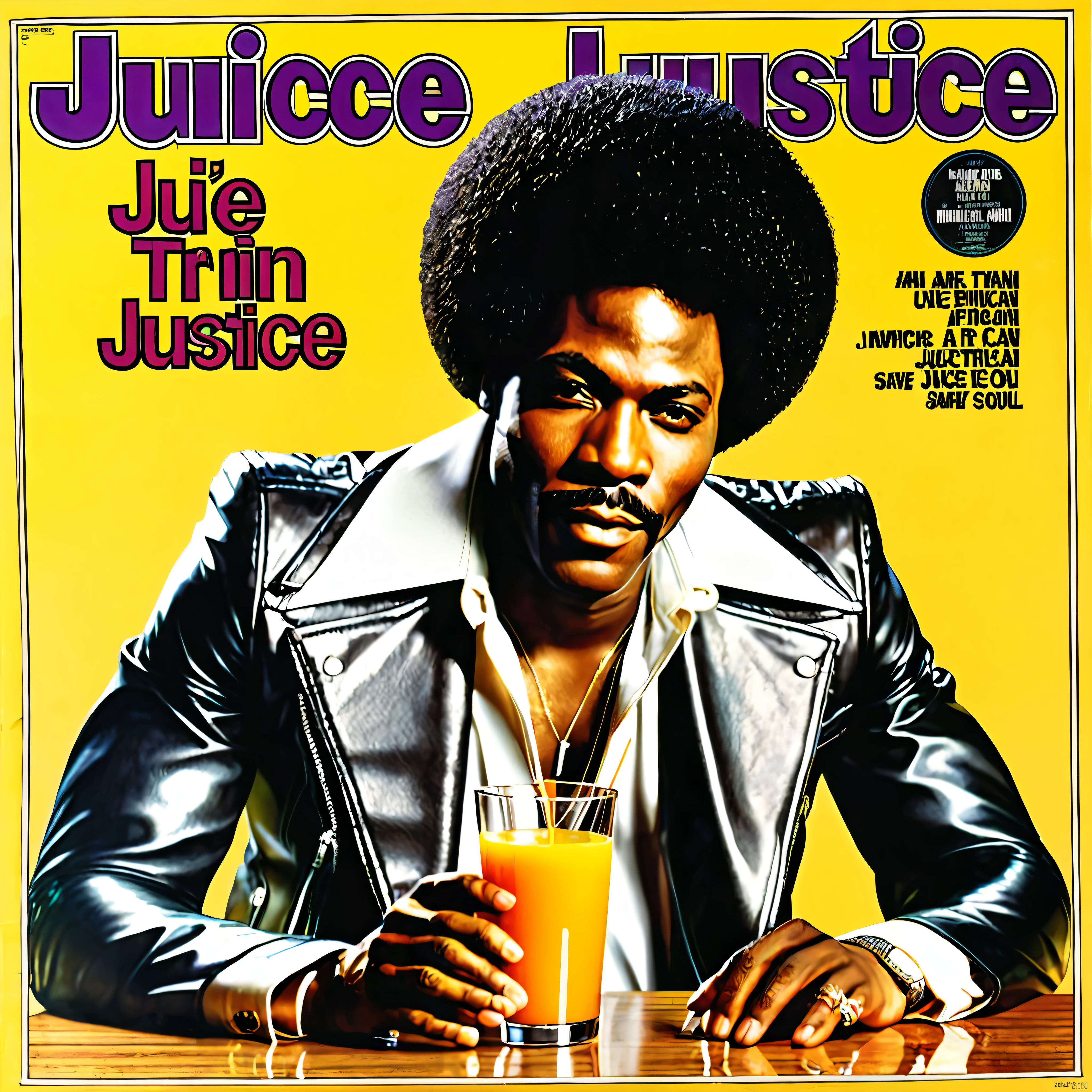 Create a 1970s vinyl album cover for an african-american male r&b superstar named "Juice Justice". The name of the album is called "Quit Tryin To Save My Soul".