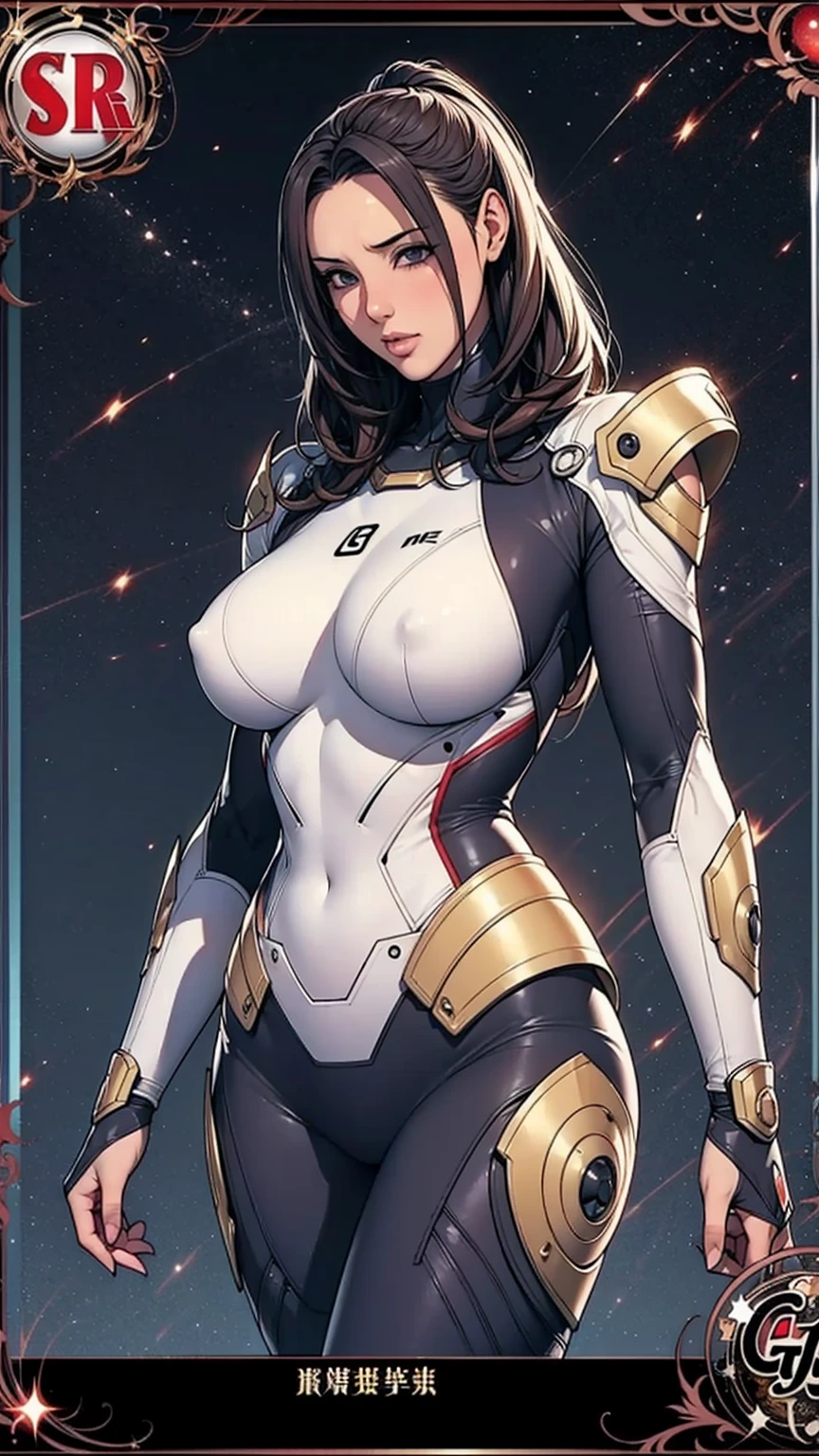(masterpiece:1.2, Highest quality),(Very detailed),8K,wallpaper,1 female,Mature Woman,48 years old,Sentai Heroine,Muscular,((Metallic squadron suit)),(((Better Hands))),((The background is Galaxy Flash)),Random hairstyle,Random Pause,(((Beautiful female hands,detailed drawing of a hand))),cyber punk,((Beautiful trading cards,gold framed))