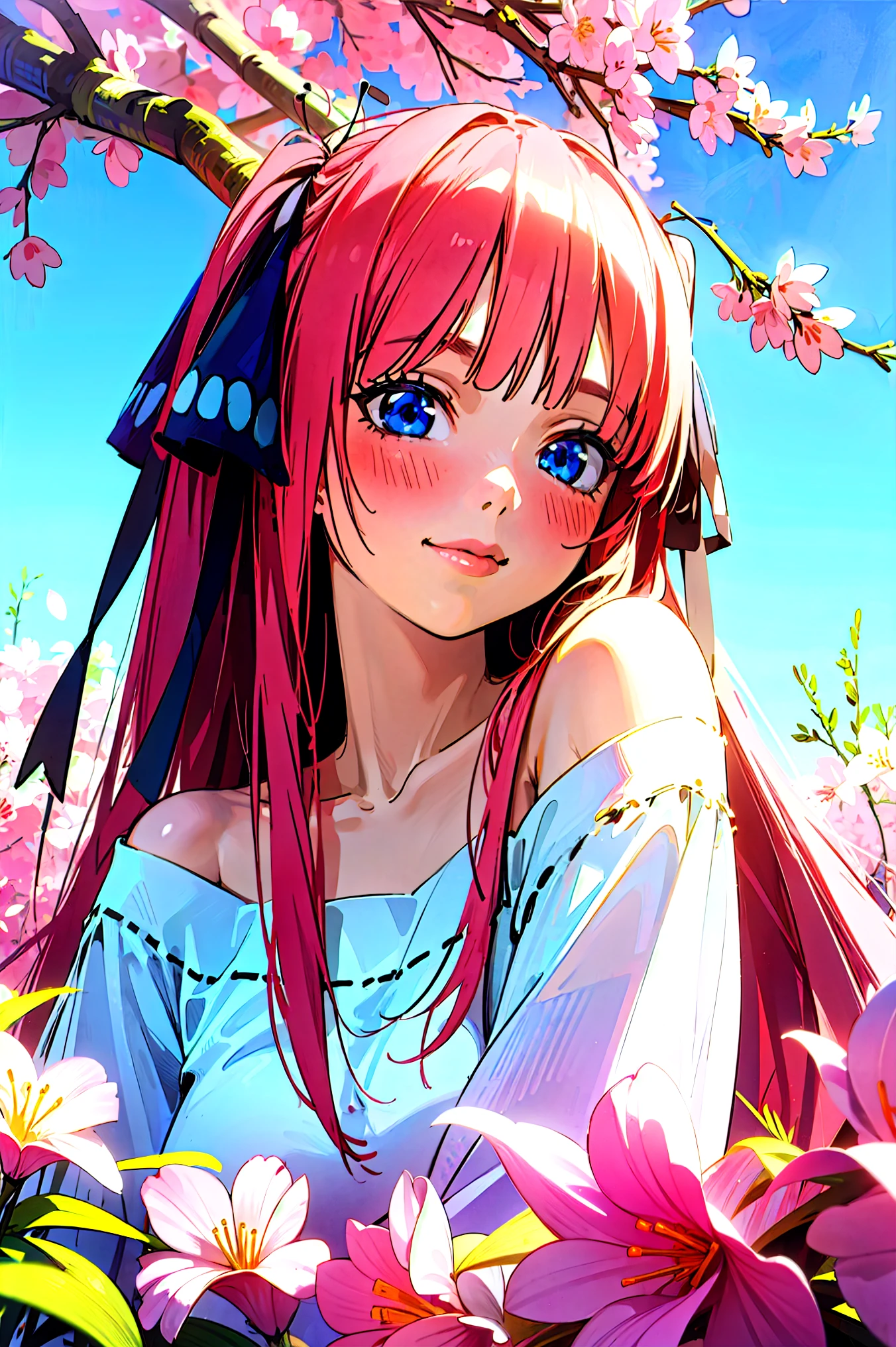 Best quality, masterpiece, ultra high res, (photorealistic:1.4), raw photo, 1girl, white dress, off shoulder, blossom flower field, glowing skin, light smile, nino nakano, pink red long hair, shoulder, blue eyes, hair ribbons