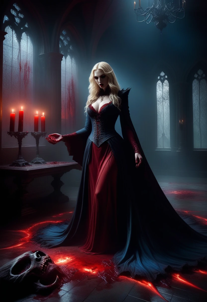 dark fantasy, dramatic lighting, full body shot, wide angle,dynamic angle, deep shadows, a female vampire and her thrall, extremely detailed skin, perfect blond wavy hair, (A female vampire and her thrall, she is using her vampiric powers to shift blood in the atmosphere, making the blood translocate around the environment), (the female vampire is trying to reach her thrall's neck with her hand, absorbing the thrall's blood from afar), hemokinesis, (there are lots of blood strings floating around the environment), she is wearing a very intricate biological exoskeleton, (the female vampire's lower body is vanishing, becoming black mist), the scene unfolds in a dungeon dimly illuminated by a red glow, red energy lines, pale blue and olive hues, mystical energy, moody atmosphere, cinematic composition, Yoshitaka Amano style