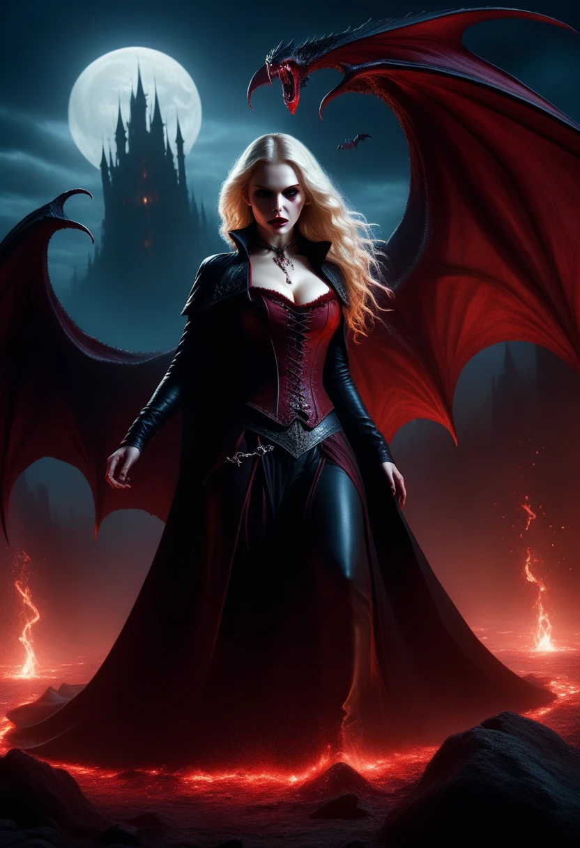 dark fantasy, dramatic lighting, full body shot, wide angle,dynamic angle, deep shadows, a female vampire and her thrall, extremely detailed skin, perfect blond wavy hair, (A female vampire and her thrall, she is using her vampiric powers to shift blood in the atmosphere, making the blood translocate around the environment), (the female vampire is trying to reach her thrall's neck with her hand, absorbing the thrall's blood from afar), hemokinesis, (there are lots of blood strings floating around the environment), she is wearing a very intricate biological exoskeleton, (the female vampire's lower body is vanishing, becoming black mist), the scene unfolds in a dungeon dimly illuminated by a red glow, red energy lines, pale blue and olive hues, mystical energy, moody atmosphere, cinematic composition, Yoshitaka Amano style
