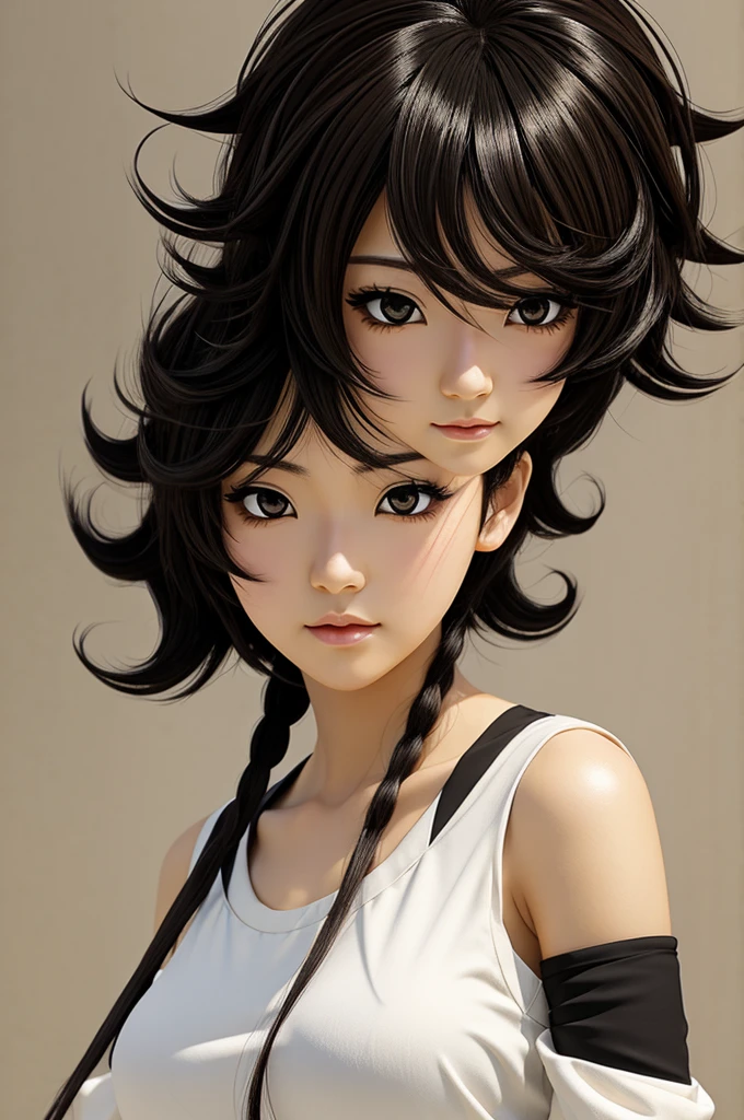 Anime waifu japanese art style 1.55 meters tall, short curly black hair, light brown skin, black eyes