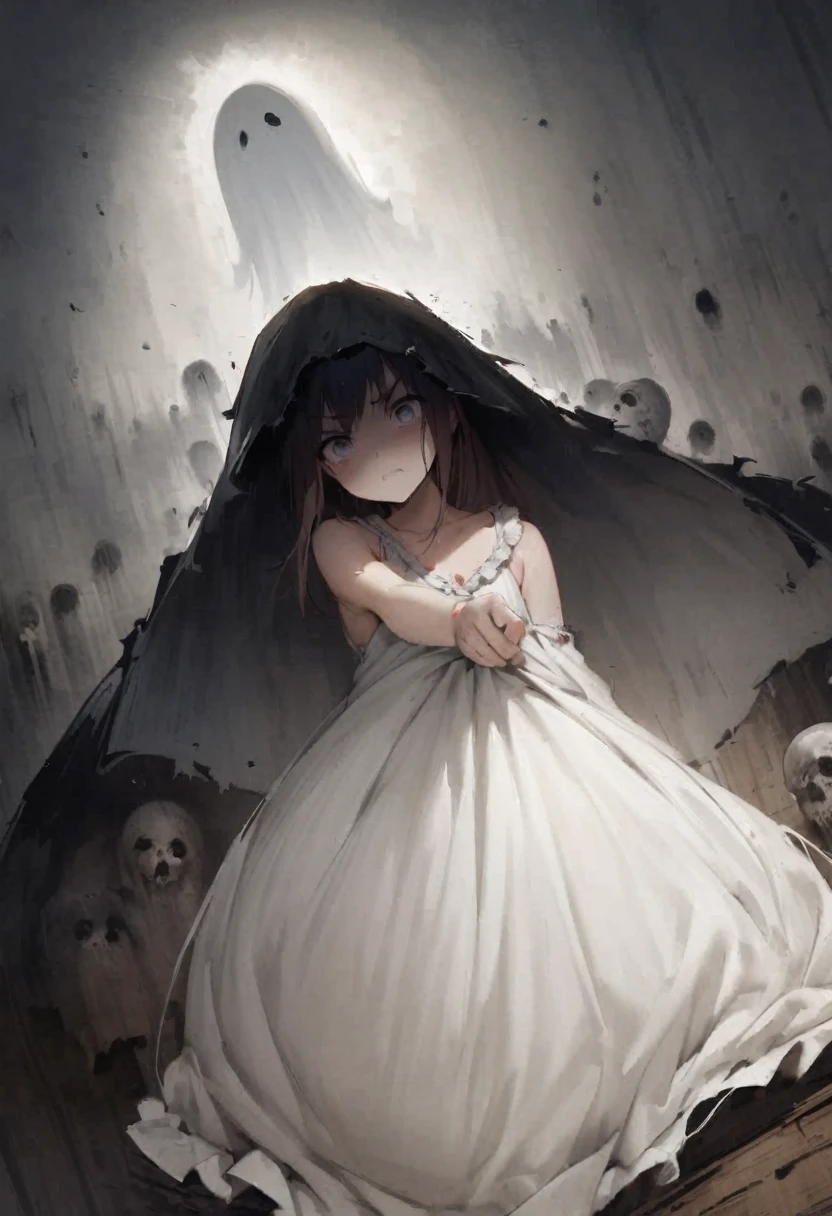 camera、Ghost photos、ghost、Midsummer、picture、Horror、fear、Creepy、Girl、Girl、Short、Younger、Lower school year、Baby Face、flat chest、Both eyes open、Glaring、Dynamic Angle、masterpiece、best quality、ultra-detail、ectoplasm、grim Reaper