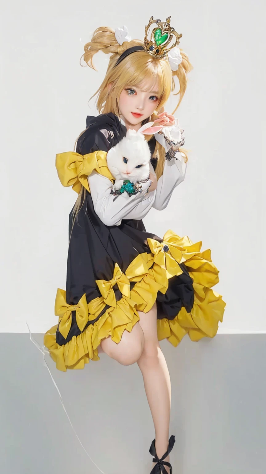 ((Masterpiece)), (best quality), (very detailed), ((very detailed)), 4k, (8k), girl with a white fat rabbit doll with hat in her arms,  in dress, kagamine rin, , my dress up darling anime, ,  cat girl in a maid costume and crown with green jwel heart shape on head, marisa kirisame,  girl in a maid costume, splash art anime , ((wearing aristocrat robe)), cute anime waifu in a nice dress,realistic style