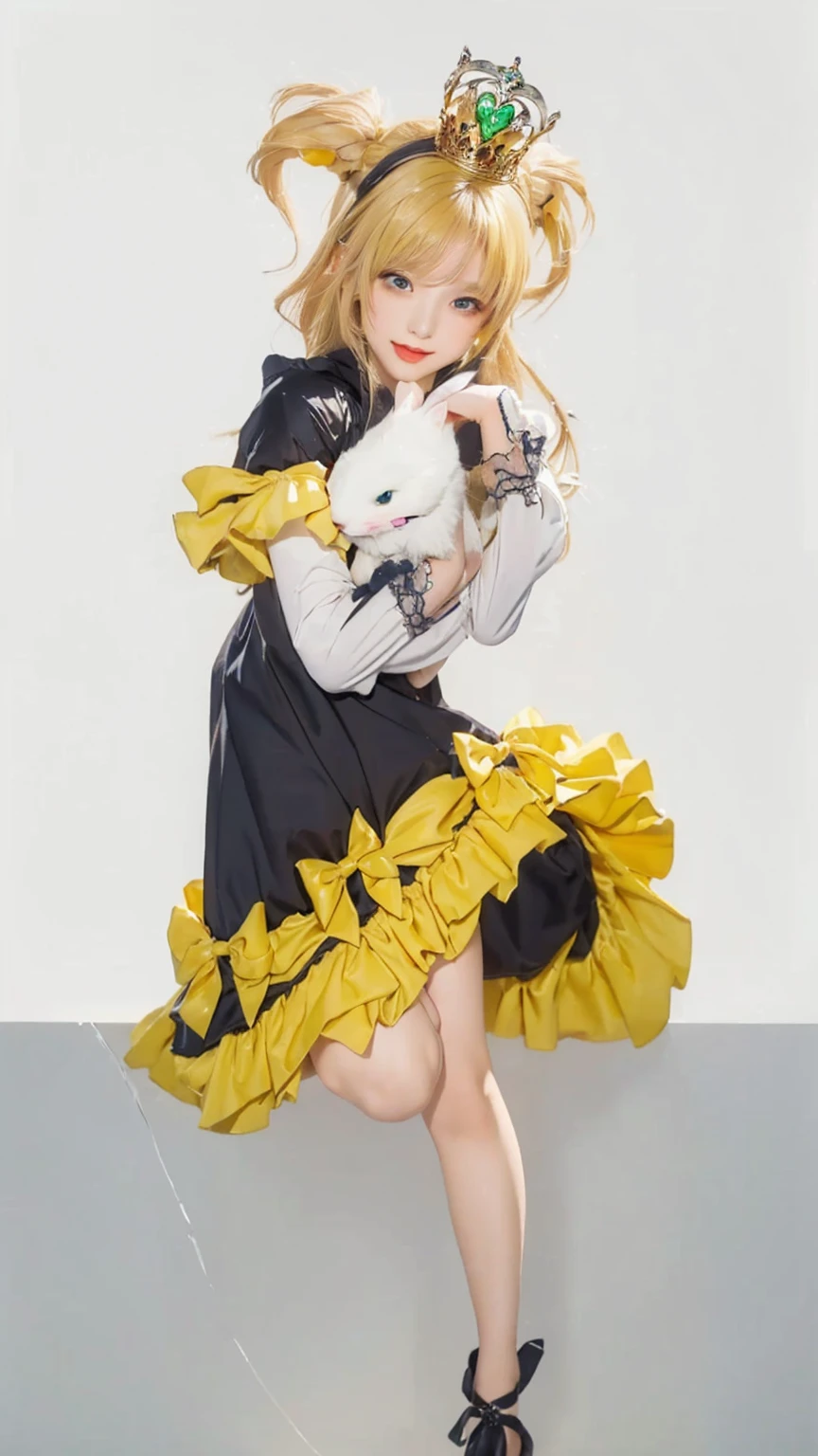 ((Masterpiece)), (best quality), (very detailed), ((very detailed)), 4k, (8k), girl with a white fat rabbit doll with hat in her arms, in dress, kagamine rin, , my dress up darling anime, , cat girl in a maid costume and crown with green jwel heart shape on head, marisa kirisame, girl in a maid costume, splash art anime , ((wearing aristocrat robe)), cute anime waifu in a nice dress,realistic style