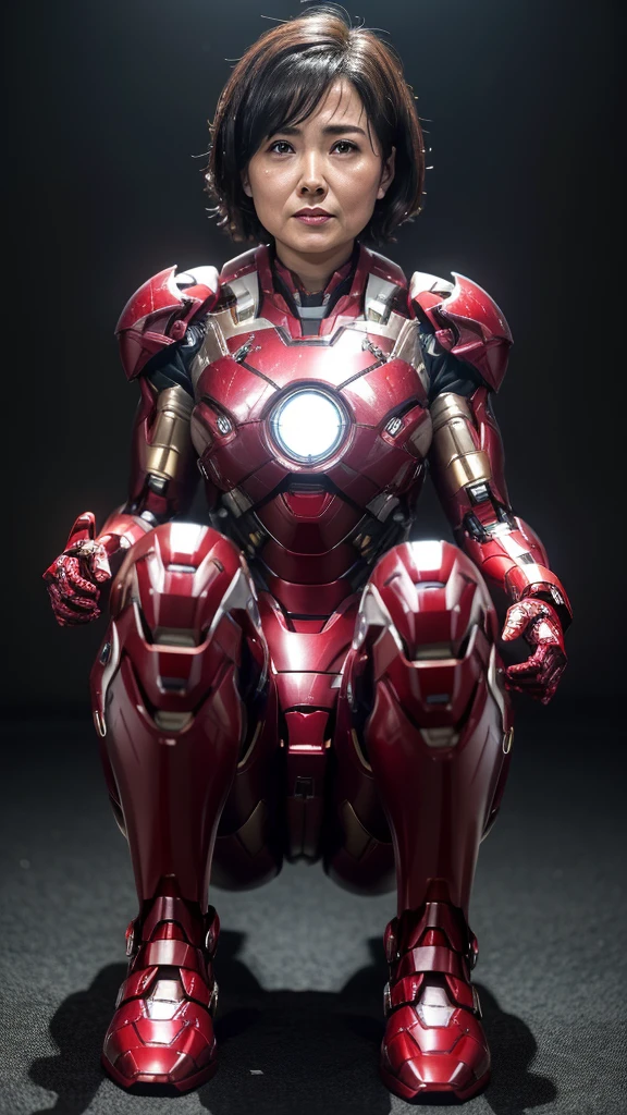 Highest quality　8k Iron Man Suit Girl　Middle-aged women　Sweaty face　cute　short hair　boyish　Steam coming from the head　My hair is wet with sweat　Black hair feel　Full body portrait　My upper body is soaked　　Squatting with legs apart　　Leg spread　I can see the vagina　front　Angle from below