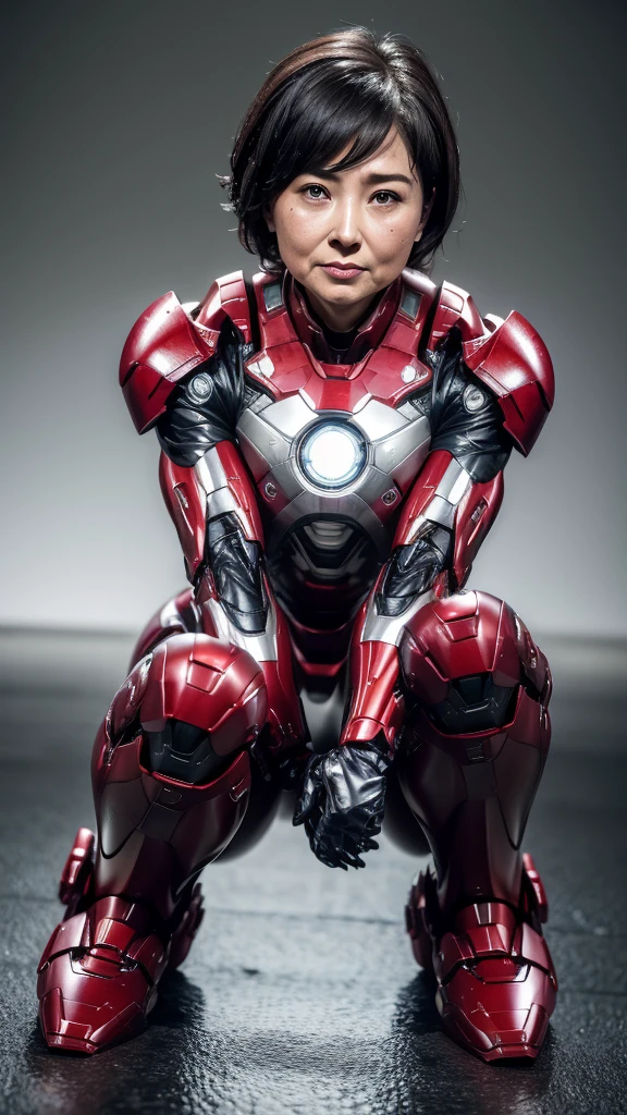 Highest quality 8k Iron Man Suit Girl Middle-aged women Sweaty face cute short hair boyish Steam coming from the head My hair is wet with sweat Black hair feel Full body portrait My upper body is soaked Squatting with legs apart Leg spread I can see the vagina front Angle from below