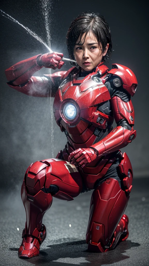 Highest quality　8k Iron Man Suit Girl　Middle-aged women　Sweaty face　cute　short hair　boyish　Steam coming from the head　My hair is wet with sweat　Black hair feel　Full body portrait　My upper body is soaked　　Squatting with legs apart　　Leg spread　I can see the vagina　front　Angle from below