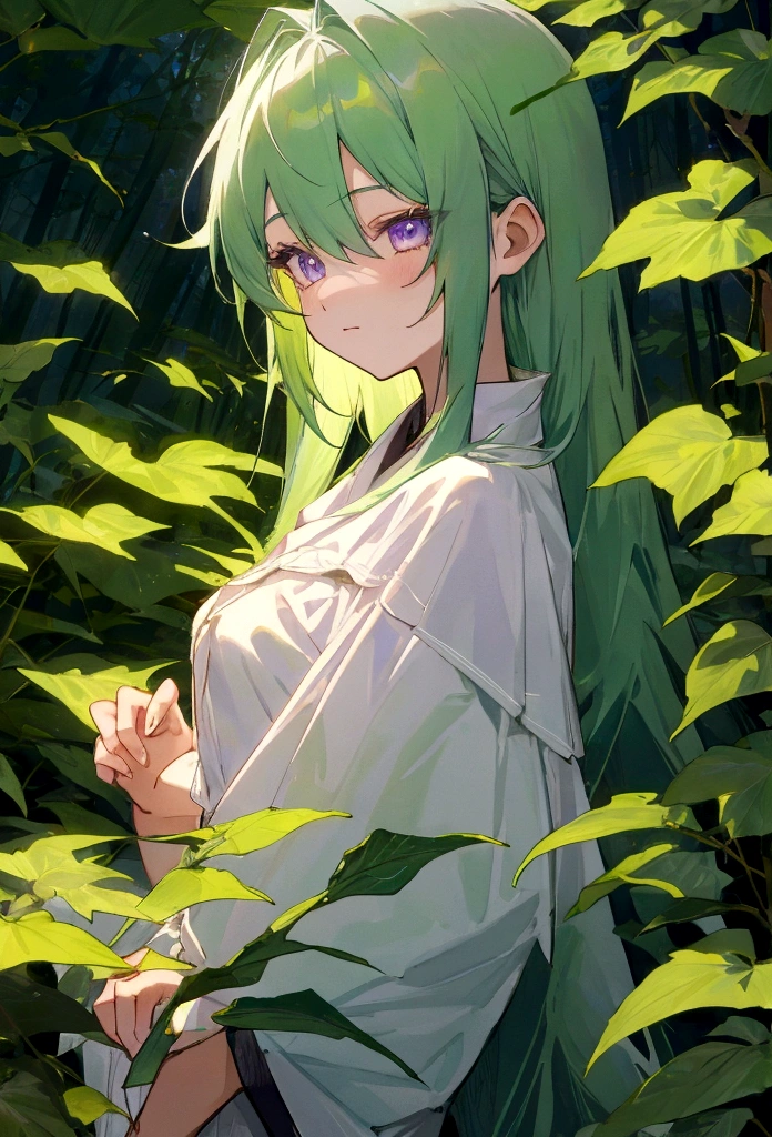 a girl with green hair and lilac eyes in a forest at night