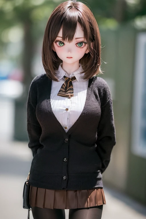 (SFW:2), photorealistic, realistic photo, ((highest quality)), ((masterpiece)), ((extremely detailed)), kukolnydom, doll, (mature woman, 20yo, 20 years old:1.6), solo, ((cowboy shot, dynamic pose, skinny, slender, slim)), green eyes, light smile, parted lips, (brown hair, looking at viewer, blank stare, empty eyes, detailed eyes, detailed face:1.3), cardigan, blouse, ascot, pleated skirt, pantyhose, museum, 8k