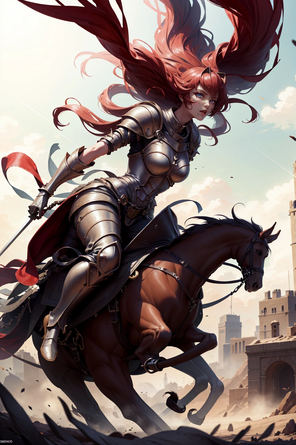 woman knight riding on a horse on the battlefield