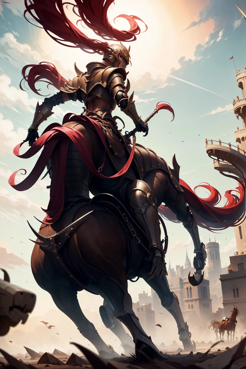 woman knight riding on a horse on the battlefield