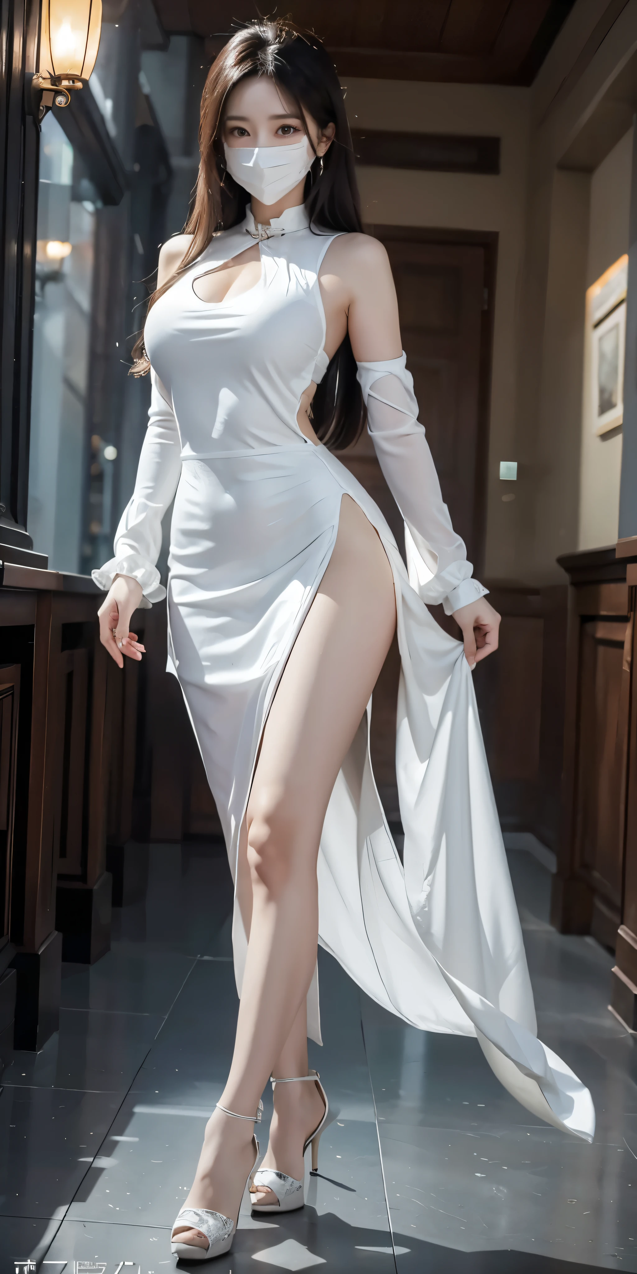 masterpiece，4k，White mask，red eyes，White tight skirt，High heel