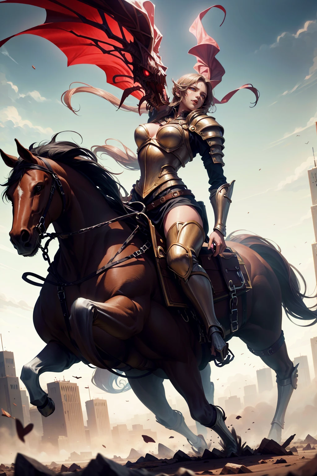 woman knight riding on a horse on the battlefield
