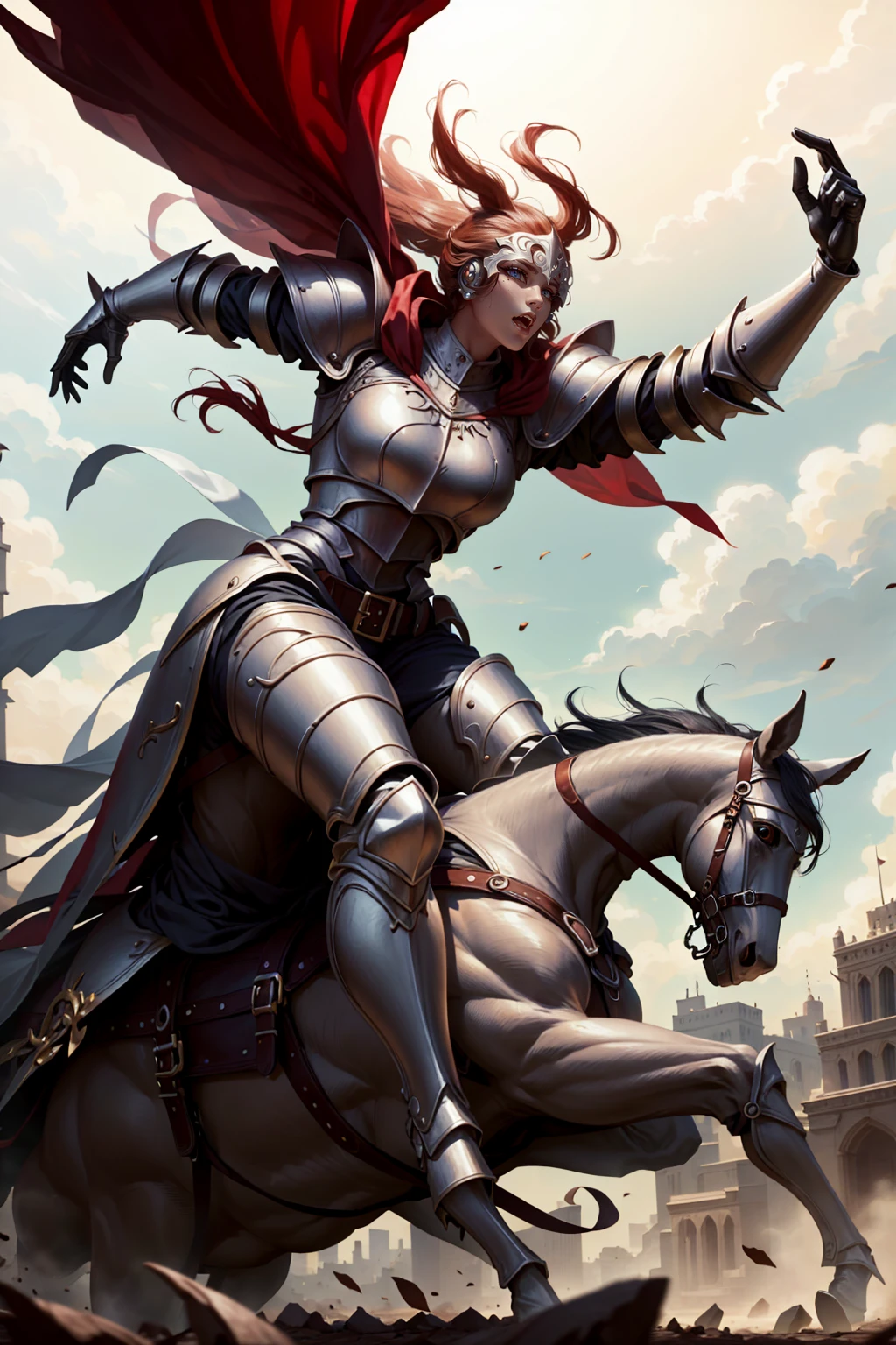 woman knight riding on a horse on the battlefield