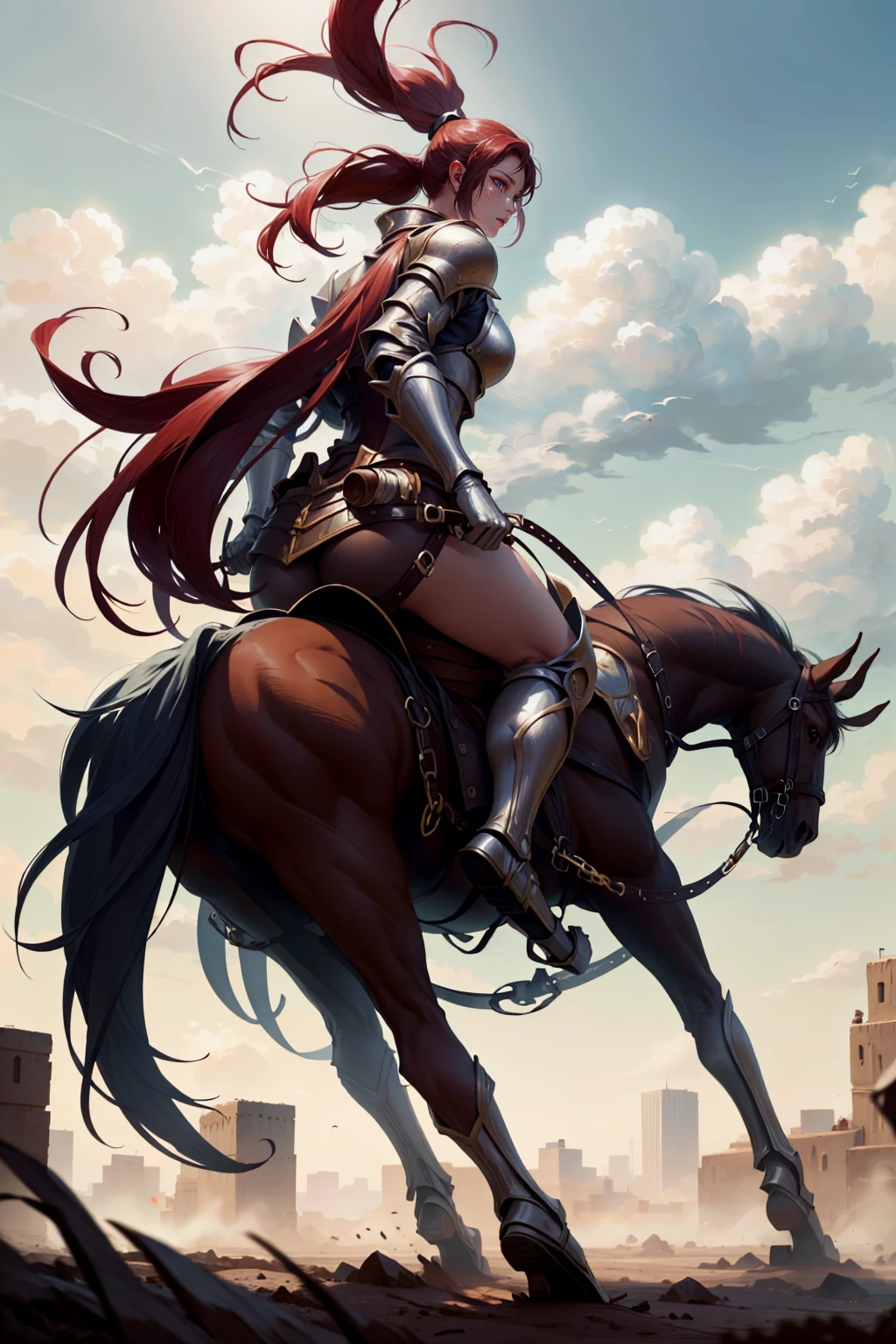 woman knight riding on a horse on the battlefield