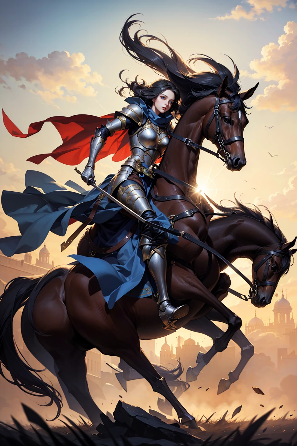 woman knight riding on a horse on the battlefield