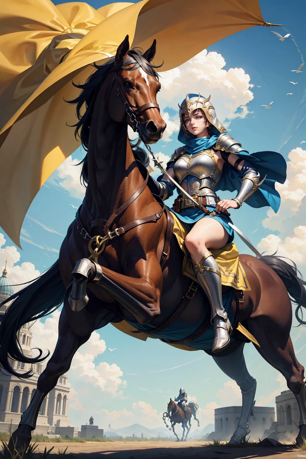 woman knight riding on a horse on the battlefield