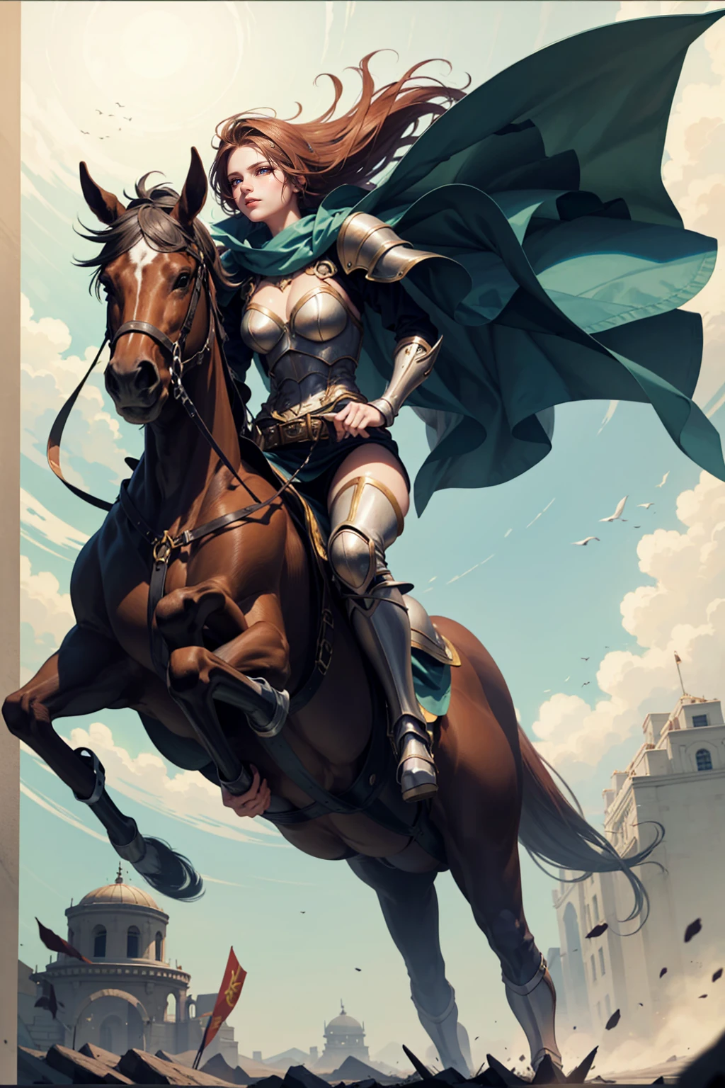 woman knight riding on a horse on the battlefield