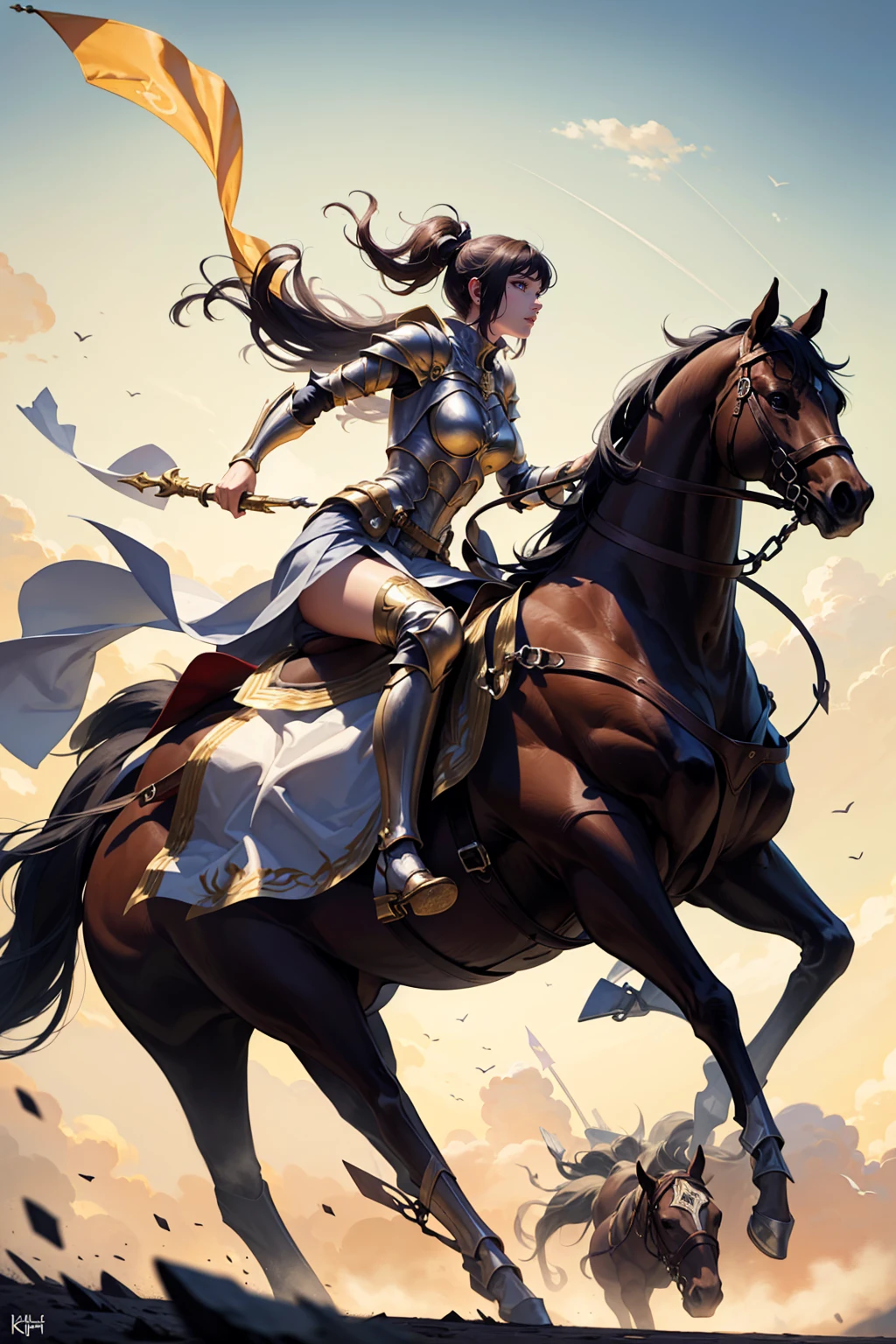 woman knight riding on a horse on the battlefield