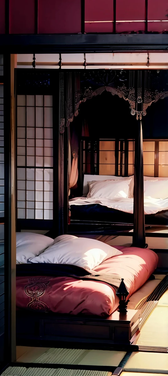 Best quality, masterpiece, ultra high res, raw photo, beautiful and aesthetic,deep shadow, dark theme,(ultra detailed:1.3), divine, royal bedroom, indoors, luxurious palace, canopy bed, full of curtains, pillows, jewelry, candlelight, queen bedrooms, pink room, Japanese style bedroom