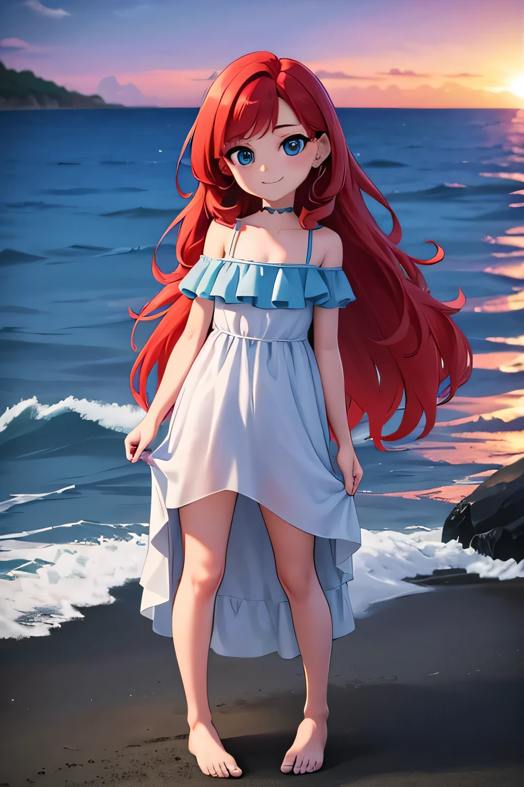 ruby 1 girl, Teenage, Long Red hair, Medium Hair, Blue eyes, bare shoulders, medium breast, aqua ruffle off shoulder maxi dress, standing up, over the sea, beautiful purple sunset at beach, Sexy, masterpiece, High quality. 2D illustration, 2D flat, sit down, Masterpiece, 8K, HDR, portrait, in the center, smile, bare feet, full body