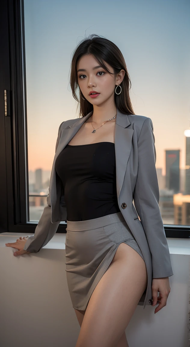 in the office,a young beautiful lady,Wear professional attire,gray blazer,Lace bandeau underwear,slit covered skirt。Bigger and wider hips,thin waist,The upper body rounder,full,Super in shape。Dressed up with jewelry,necklace,earrings,watch,High heel,black stockings。Painted with light makeup,beautiful eyeeautiful lips,very beautiful,Very temperamental。at desk,camel toe, Background modern city office buildings,Very modern,There a lot of space,Outside the window the night view of the city,Modern Shanghai city night view。8 p.m,City neon lights flashing。Professional lighting effectovie shot,intricate details,The best resolution,masterpiece。Complete fingers,intricate details